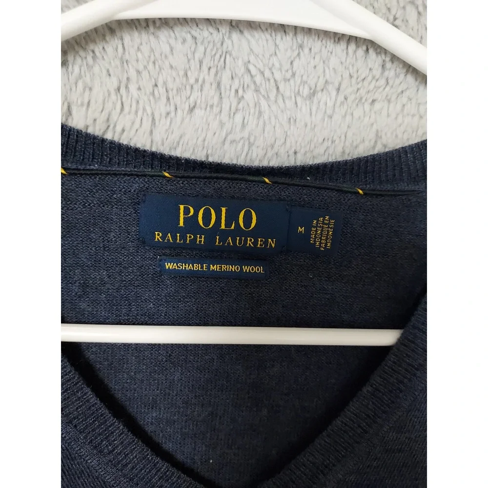 Polo Ralph Lauren Sweater Mens Medium Washable Merino Wool V Neck Blue Preppy